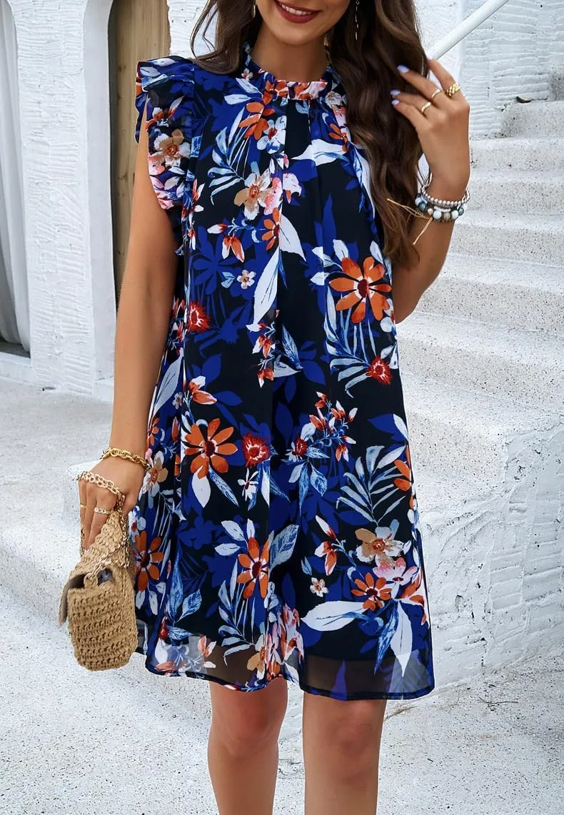 Floral Dresses for Women Summer Loose Short Ruffle Sleeve Print Mini Dress