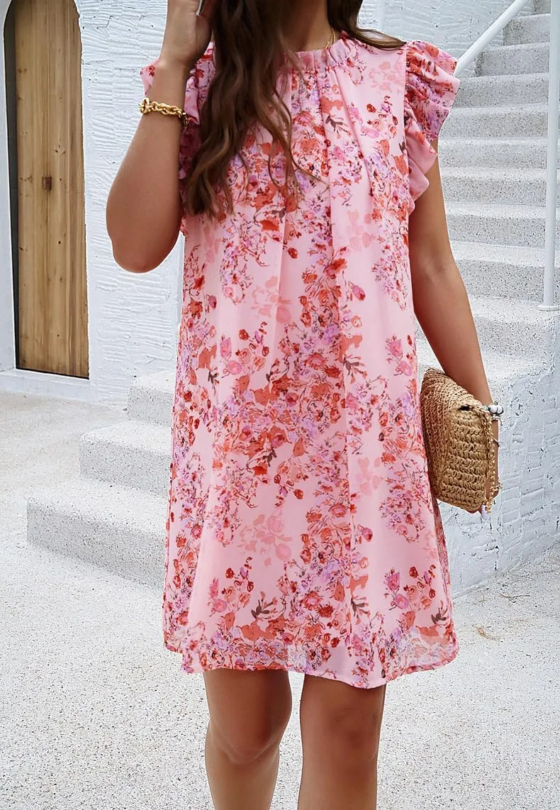Floral Dresses for Women Summer Loose Short Ruffle Sleeve Print Mini Dress