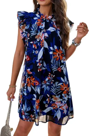 Floral Dresses for Women Summer Loose Short Ruffle Sleeve Print Mini Dress
