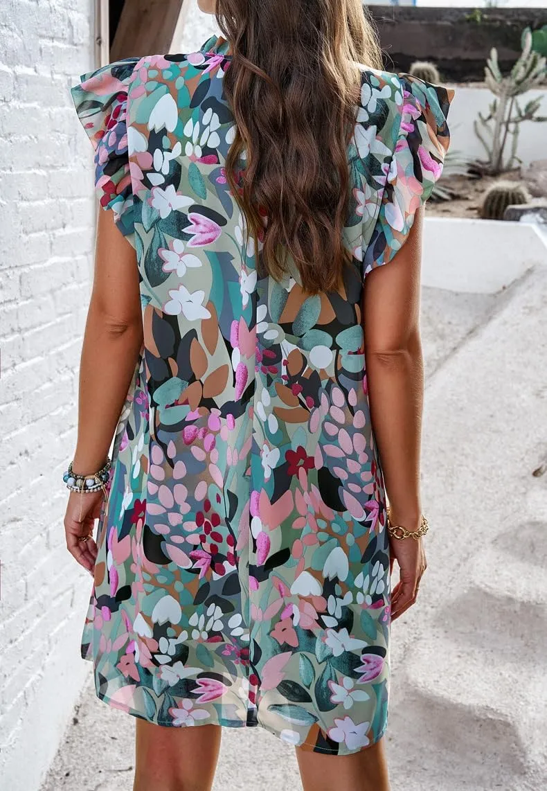 Floral Dresses for Women Summer Loose Short Ruffle Sleeve Print Mini Dress