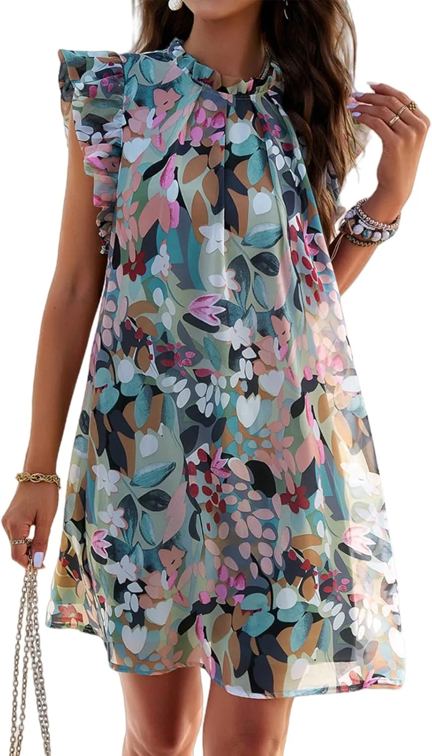 Floral Dresses for Women Summer Loose Short Ruffle Sleeve Print Mini Dress