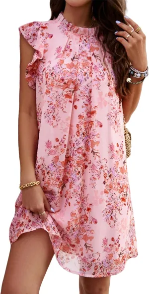 Floral Dresses for Women Summer Loose Short Ruffle Sleeve Print Mini Dress