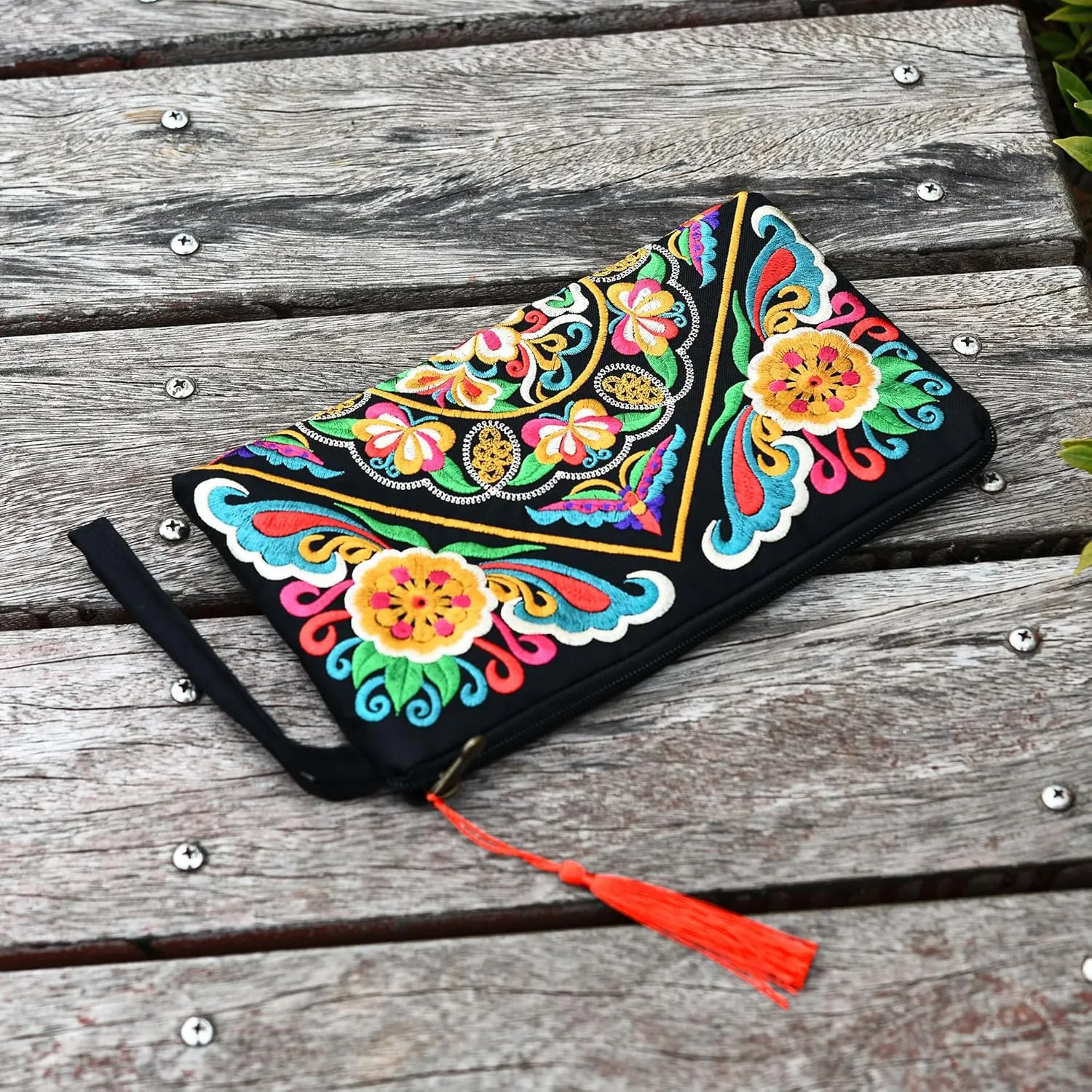 Floral Embroidered Boho Wristlet Women Girls Evening Clutch Bags Handbags Handmade Beach Bag With Lanyard