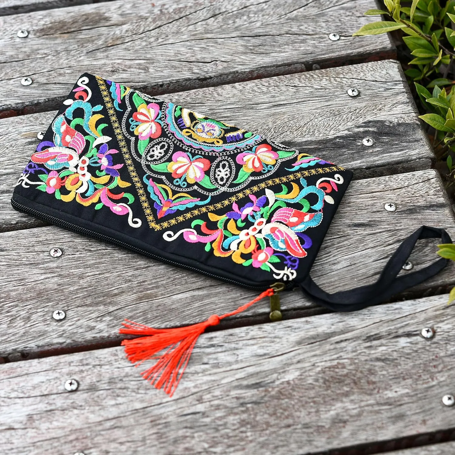 Floral Embroidered Boho Wristlet Women Girls Evening Clutch Bags Handbags Handmade Beach Bag With Lanyard