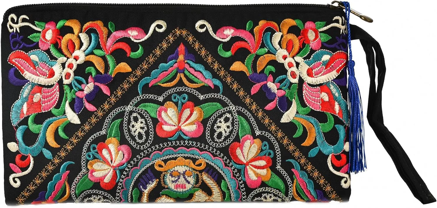 Floral Embroidered Boho Wristlet Women Girls Evening Clutch Bags Handbags Handmade Beach Bag With Lanyard