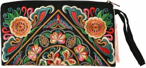 Floral Embroidered Boho Wristlet Women Girls Evening Clutch Bags Handbags Handmade Beach Bag With Lanyard