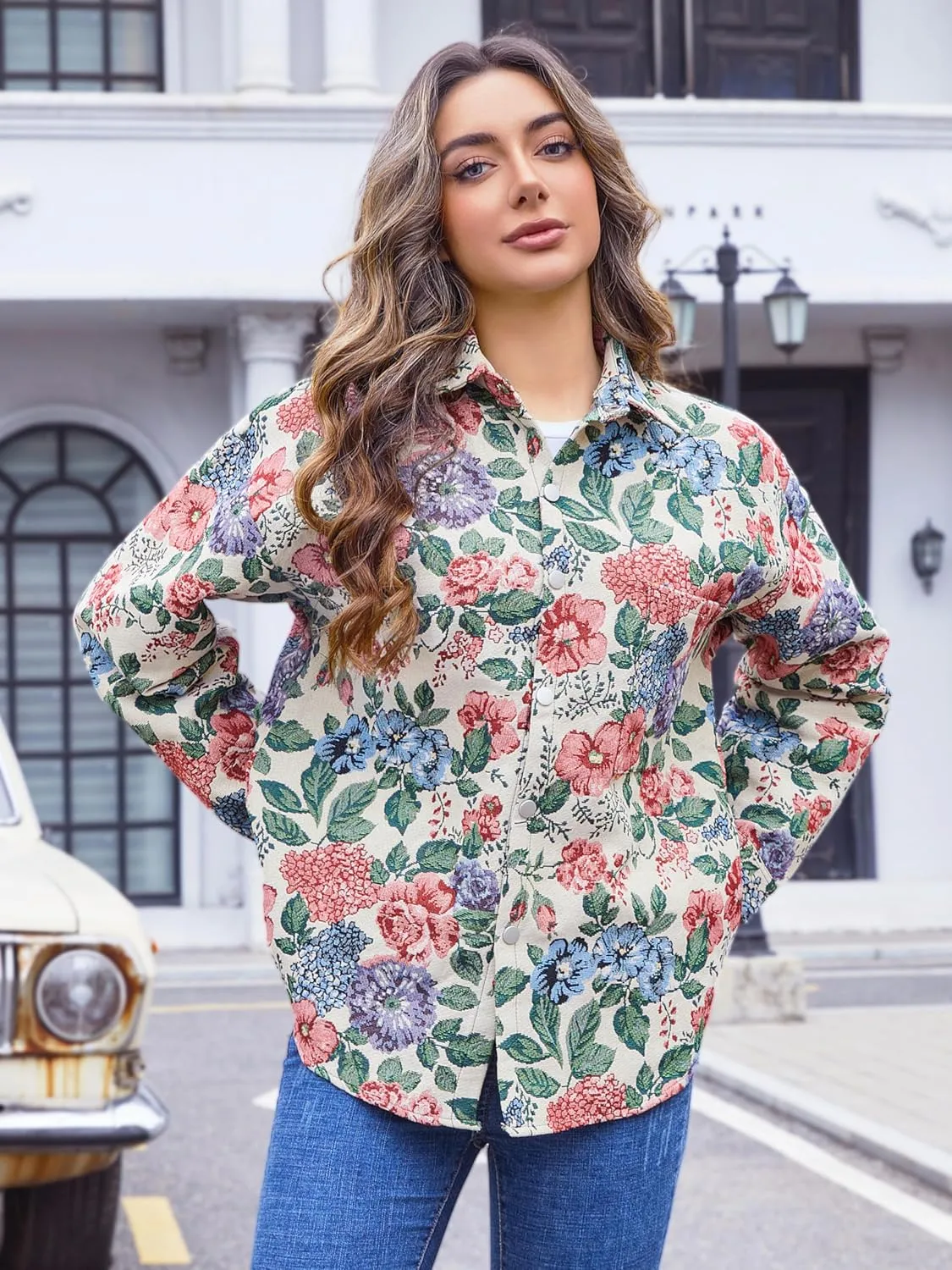 Floral Patterned Jacquard Casual Shacket Fancy Shirt Jacket Lapel Cute Trendy Funky Coat Spring Fall Fancy Tops