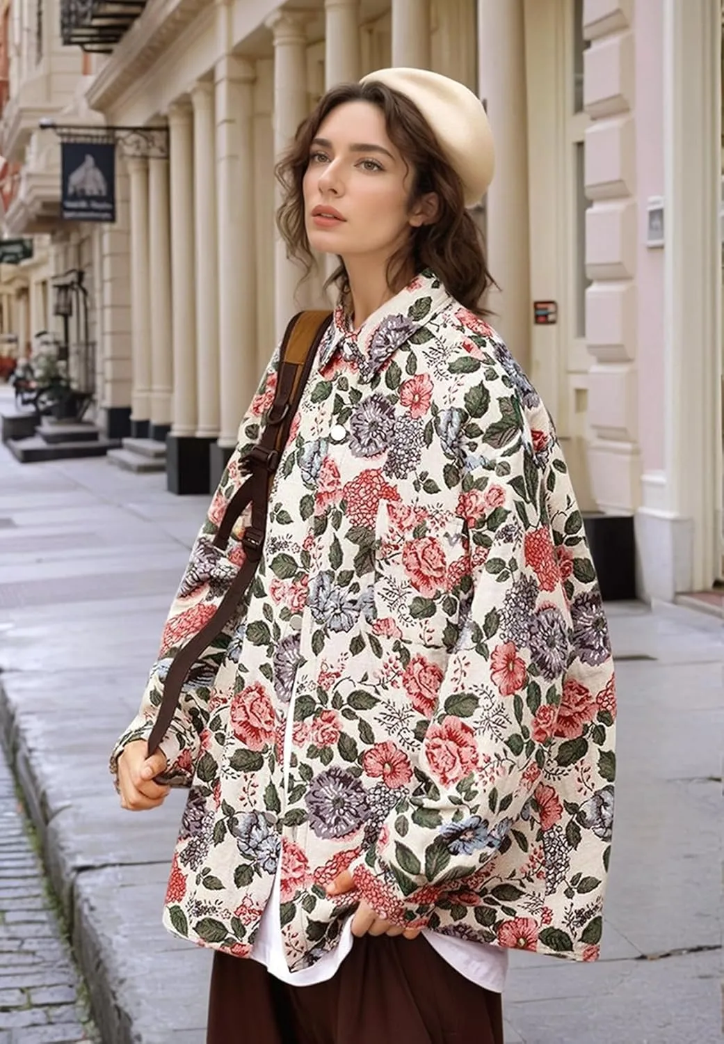 Floral Patterned Jacquard Casual Shacket Fancy Shirt Jacket Lapel Cute Trendy Funky Coat Spring Fall Fancy Tops