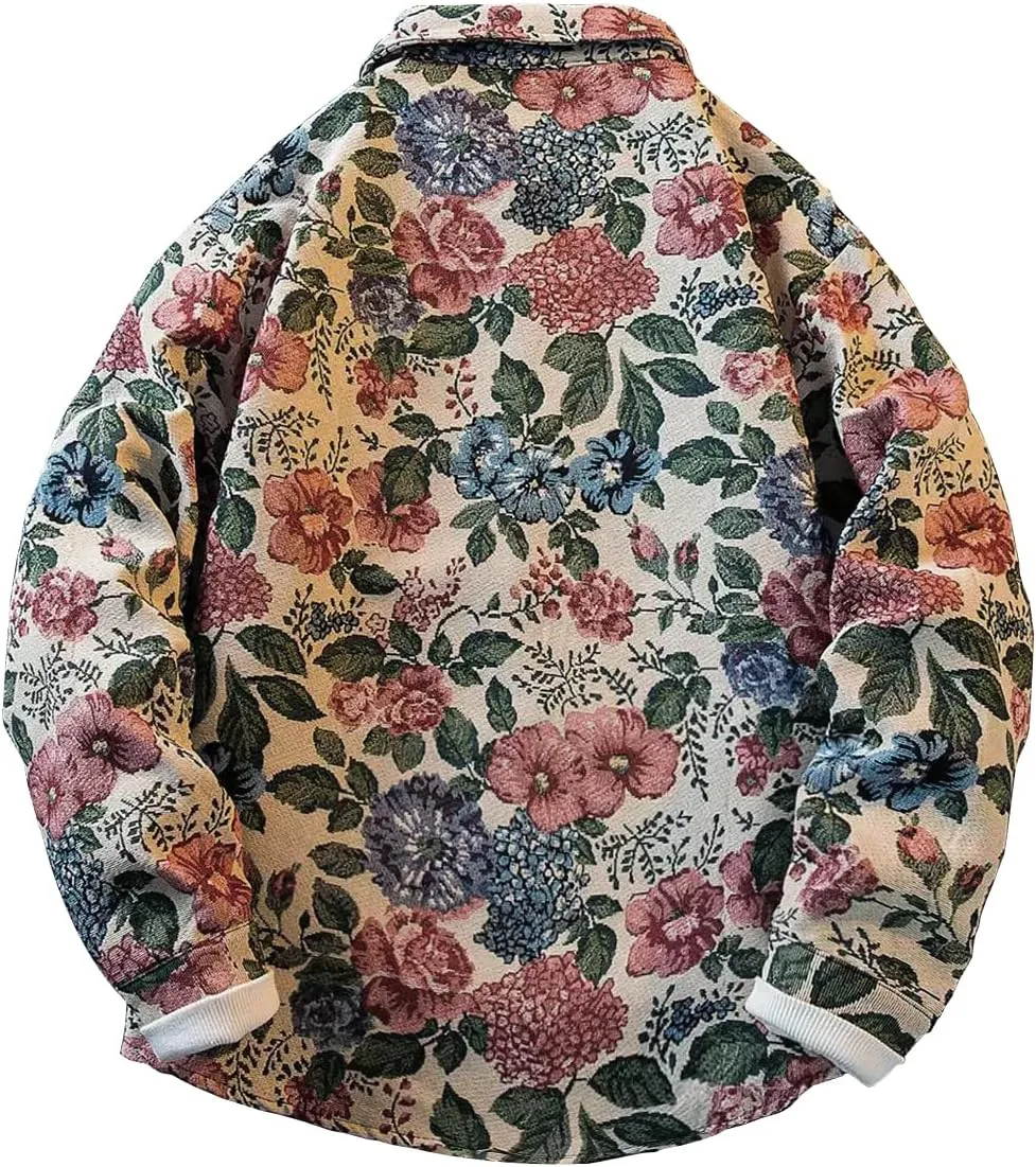 Floral Patterned Jacquard Casual Shacket Fancy Shirt Jacket Lapel Cute Trendy Funky Coat Spring Fall Fancy Tops