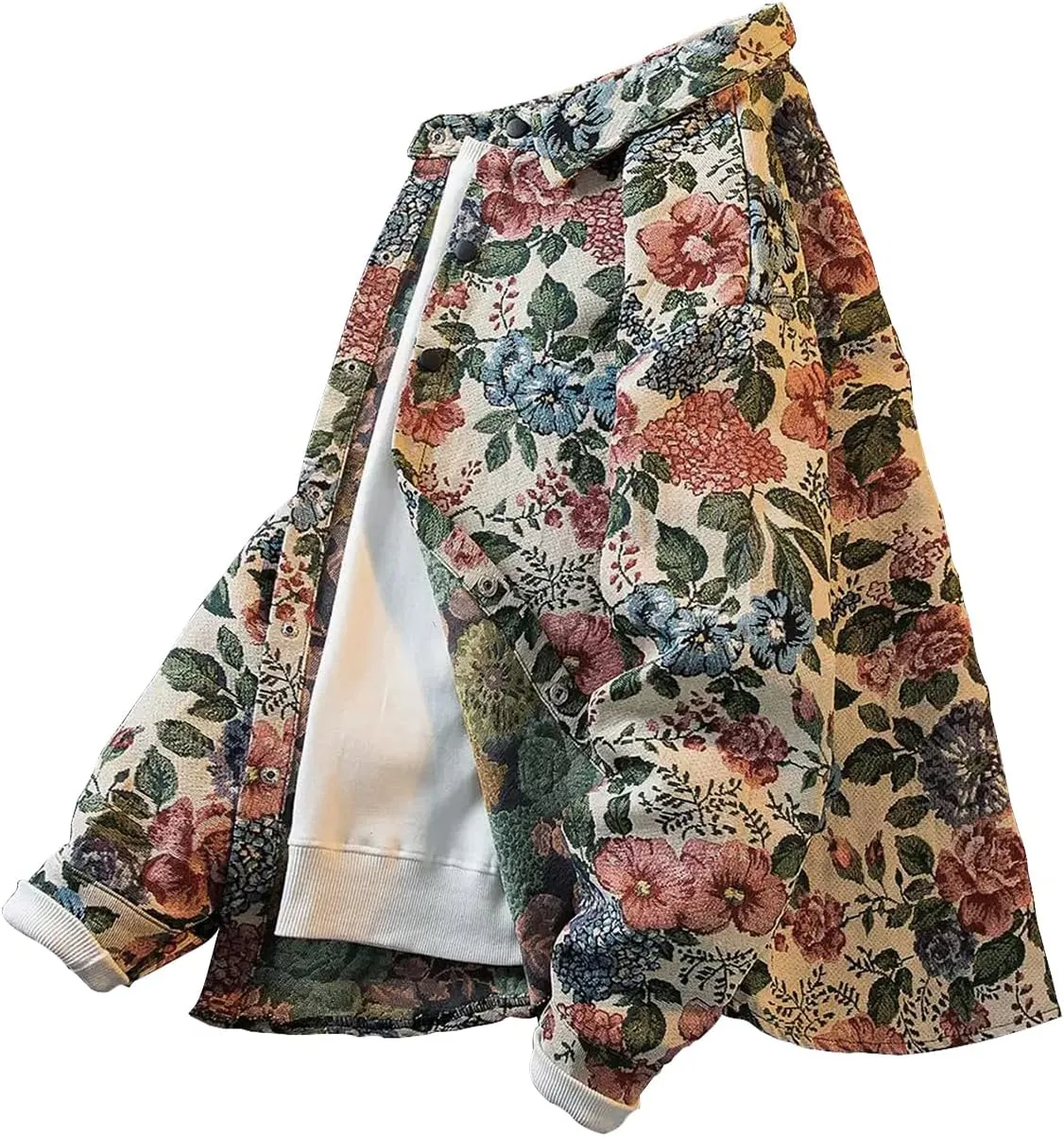 Floral Patterned Jacquard Casual Shacket Fancy Shirt Jacket Lapel Cute Trendy Funky Coat Spring Fall Fancy Tops