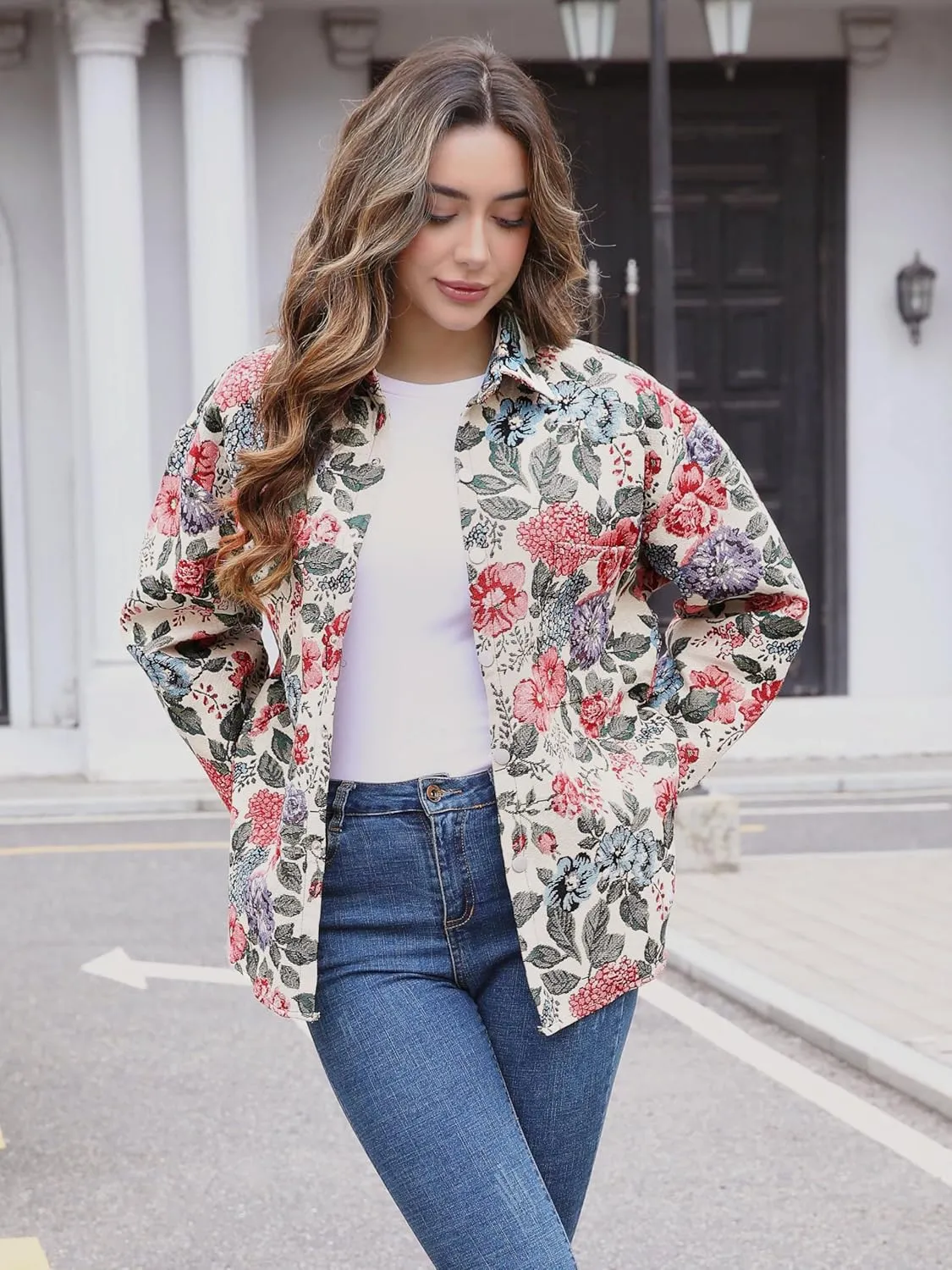 Floral Patterned Jacquard Casual Shacket Fancy Shirt Jacket Lapel Cute Trendy Funky Coat Spring Fall Fancy Tops