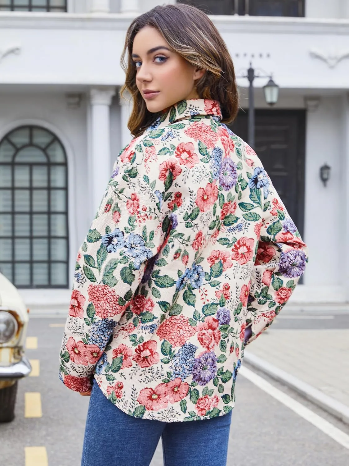Floral Patterned Jacquard Casual Shacket Fancy Shirt Jacket Lapel Cute Trendy Funky Coat Spring Fall Fancy Tops