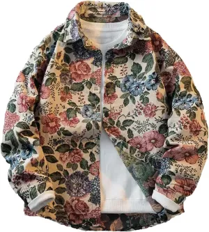 Floral Patterned Jacquard Casual Shacket Fancy Shirt Jacket Lapel Cute Trendy Funky Coat Spring Fall Fancy Tops