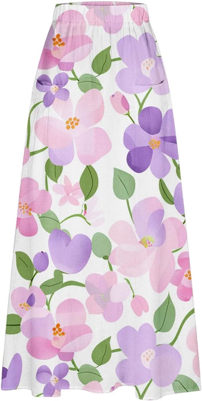 Floral Print Maxi Skirt for Women High Waist Elastic Long Bohemian Skirt with Pockets for Casual Summer Outfits