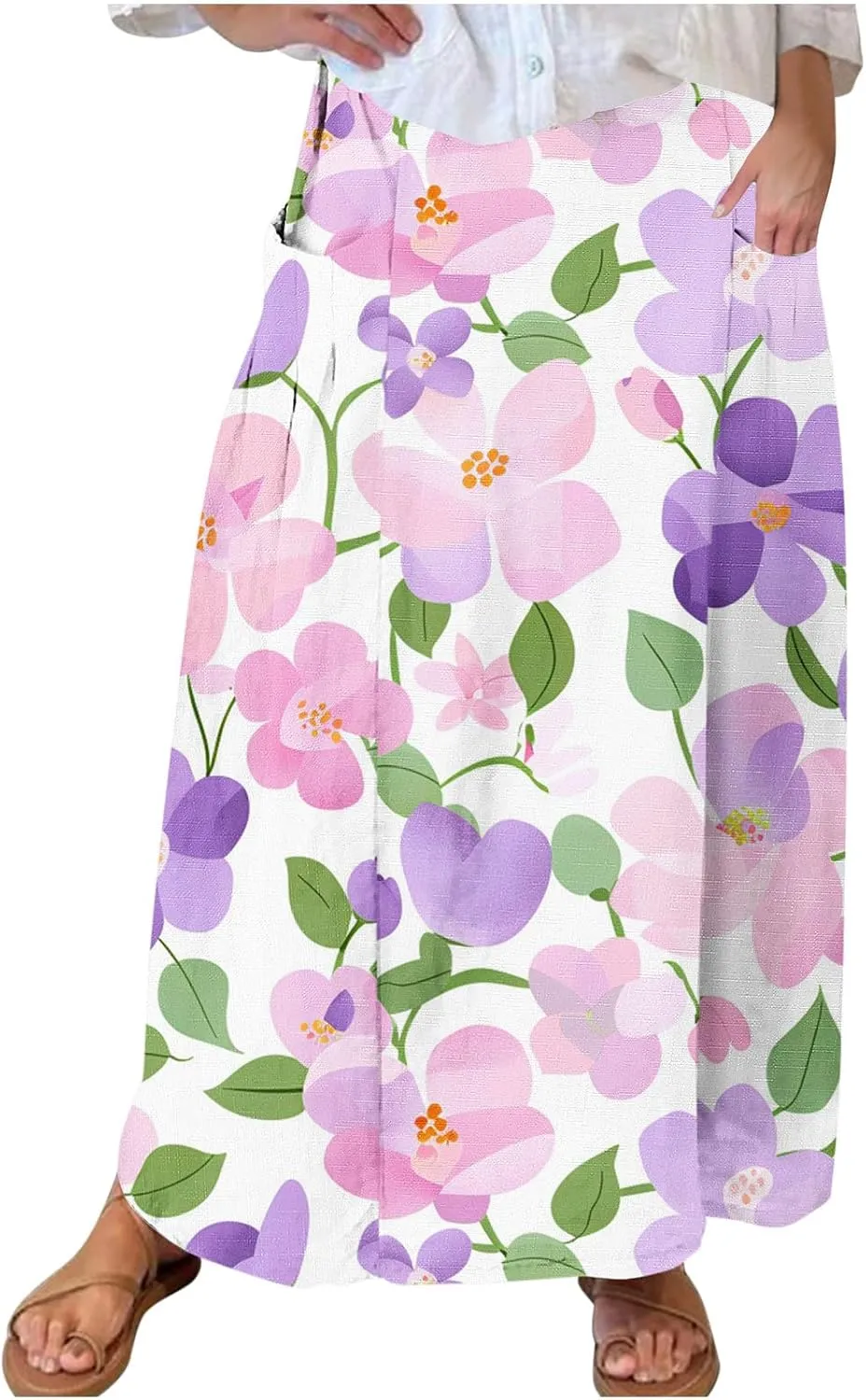 Floral Print Maxi Skirt for Women High Waist Elastic Long Bohemian Skirt with Pockets for Casual Summer Outfits