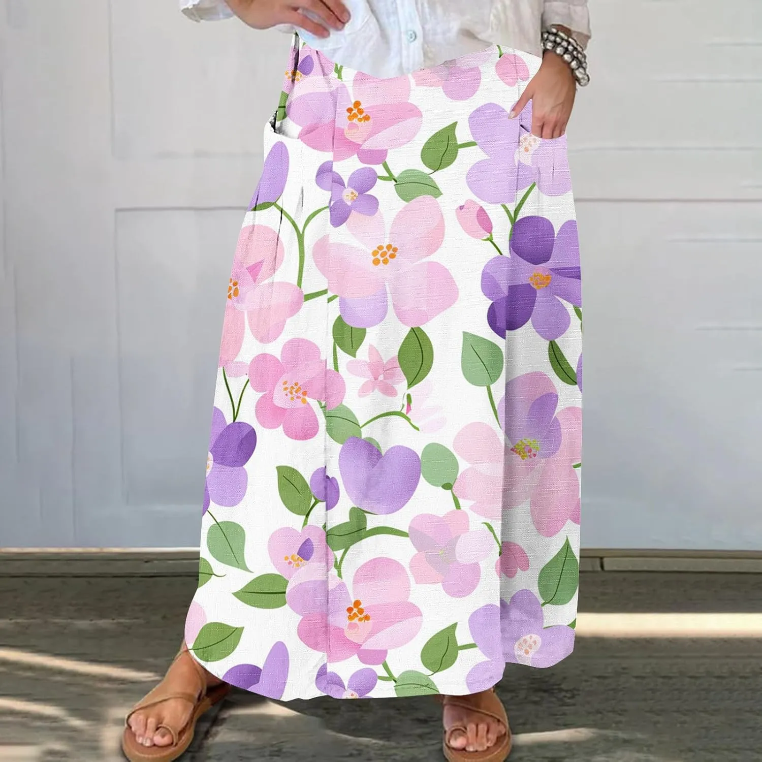 Floral Print Maxi Skirt for Women High Waist Elastic Long Bohemian Skirt with Pockets for Casual Summer Outfits