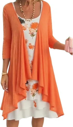 Floral Print Mini Dress for Women Elegant Crewneck 3/4 Sleeve Tiered A-Line Casual Dress with Matching Cardigan