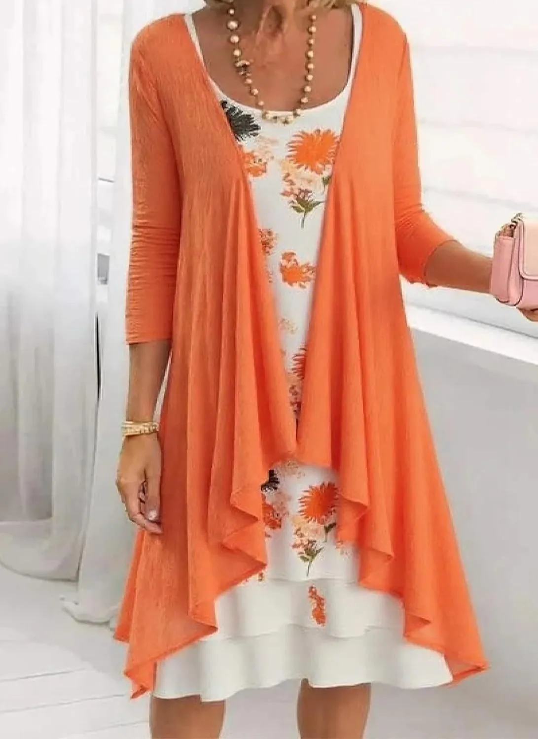Floral Print Mini Dress for Women Elegant Crewneck 3/4 Sleeve Tiered A-Line Casual Dress with Matching Cardigan