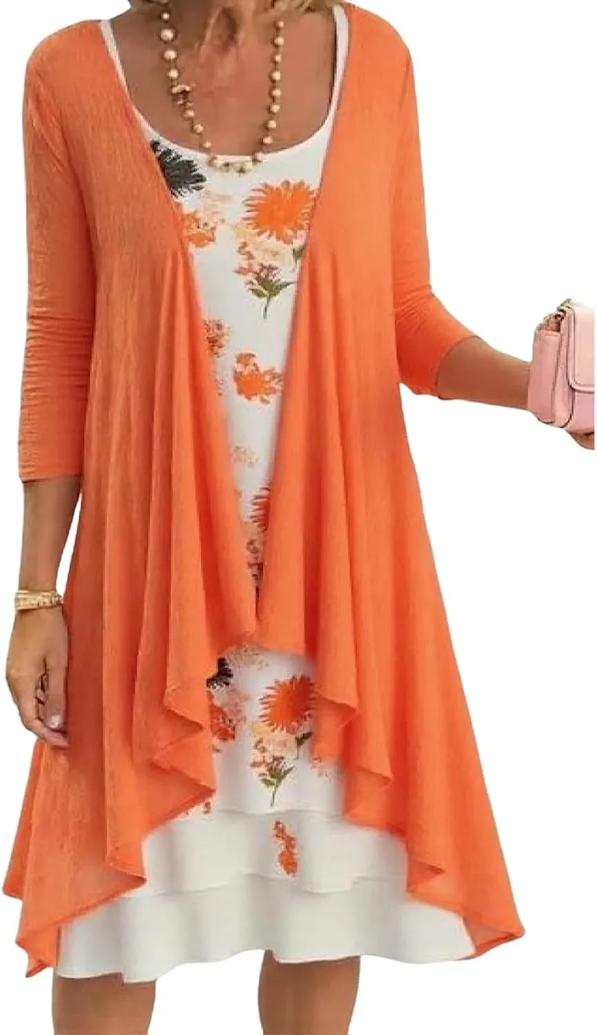 Floral Print Mini Dress for Women Elegant Crewneck 3/4 Sleeve Tiered A-Line Casual Dress with Matching Cardigan