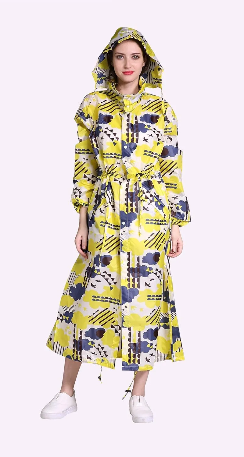 Freesmily Women's Stylish Long Raincoat with Hood and Multi Color Pattern