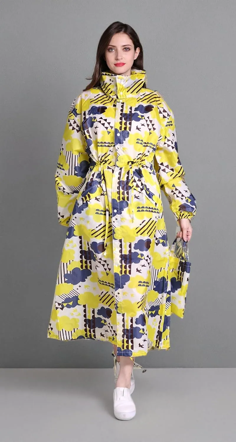 Freesmily Women's Stylish Long Raincoat with Hood and Multi Color Pattern