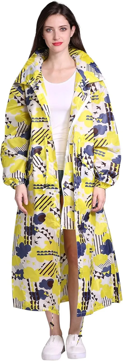 Freesmily Women's Stylish Long Raincoat with Hood and Multi Color Pattern