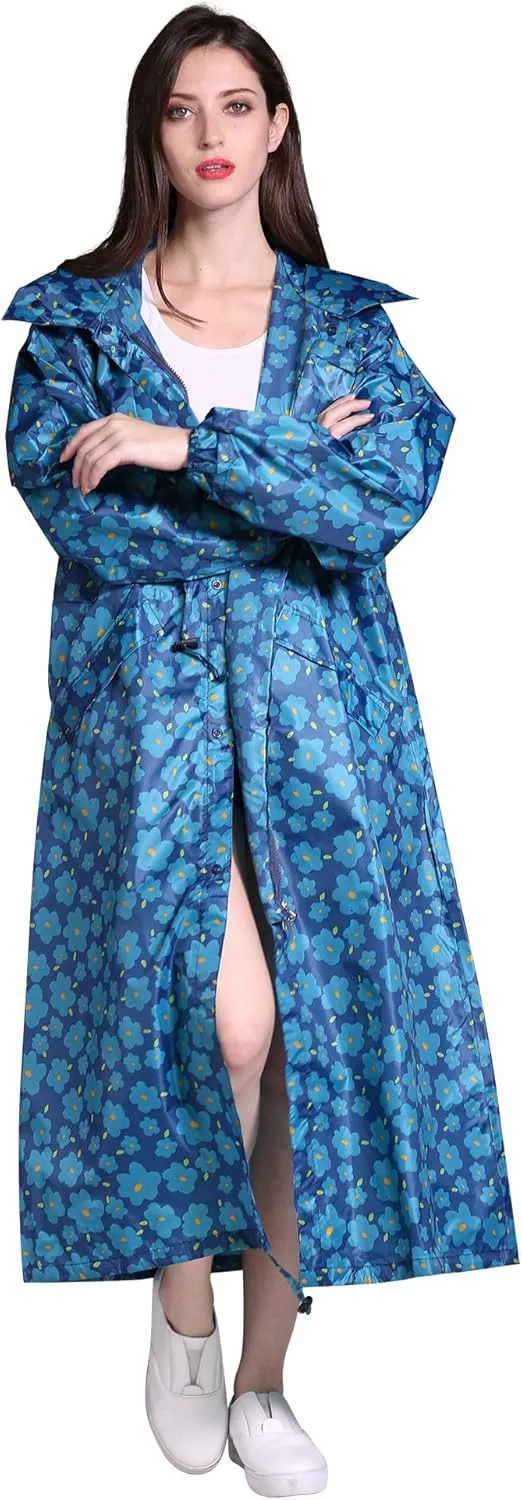 Freesmily Women's Stylish Long Raincoat with Hood and Multi Color Pattern