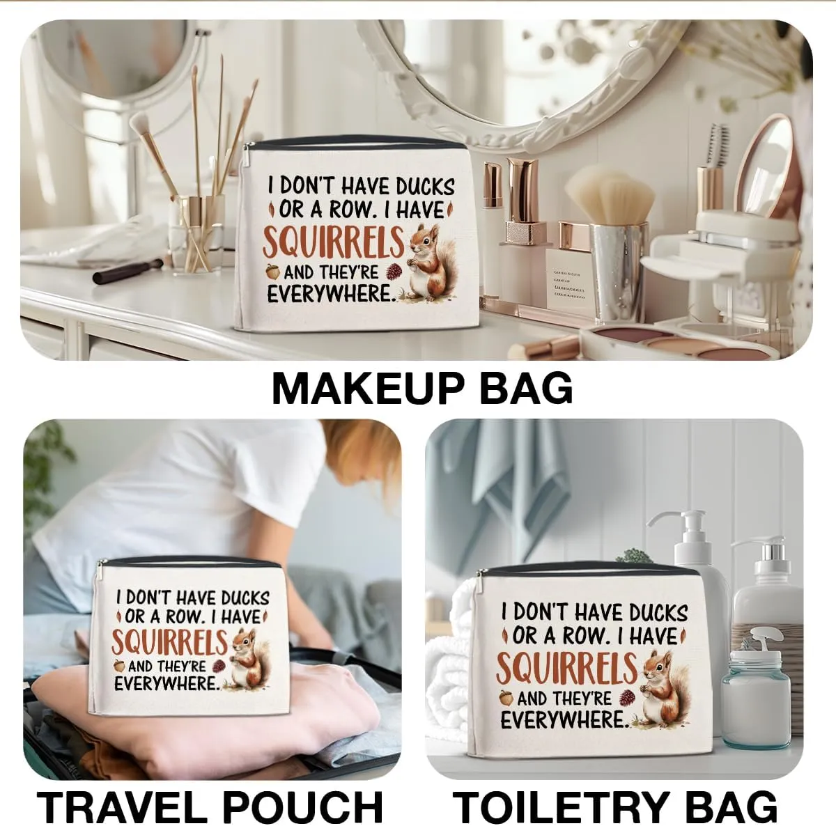 Funny Office Gifts Makeup Bag for Women, Humorous Quote Coworker Gifts Birthday Christmas Gift Ideas for Friends Work Besties Vibrant Squirrels Print Cosmetic Bag Travel Toiletry Pouch for Purse