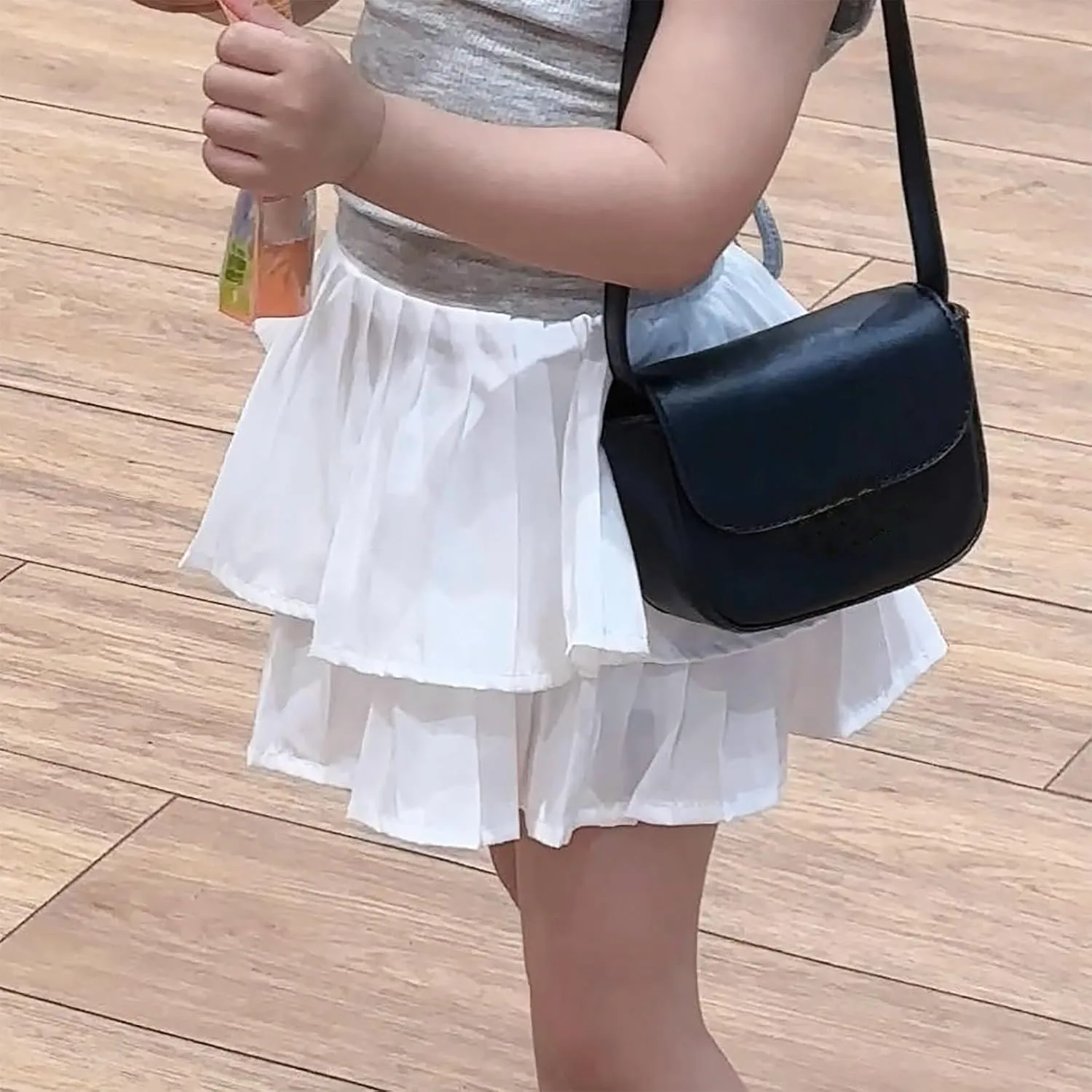 Girls Double Layer Pleated Skirt Elastic Waist Tutu Dress Kids School Uniform Skorts