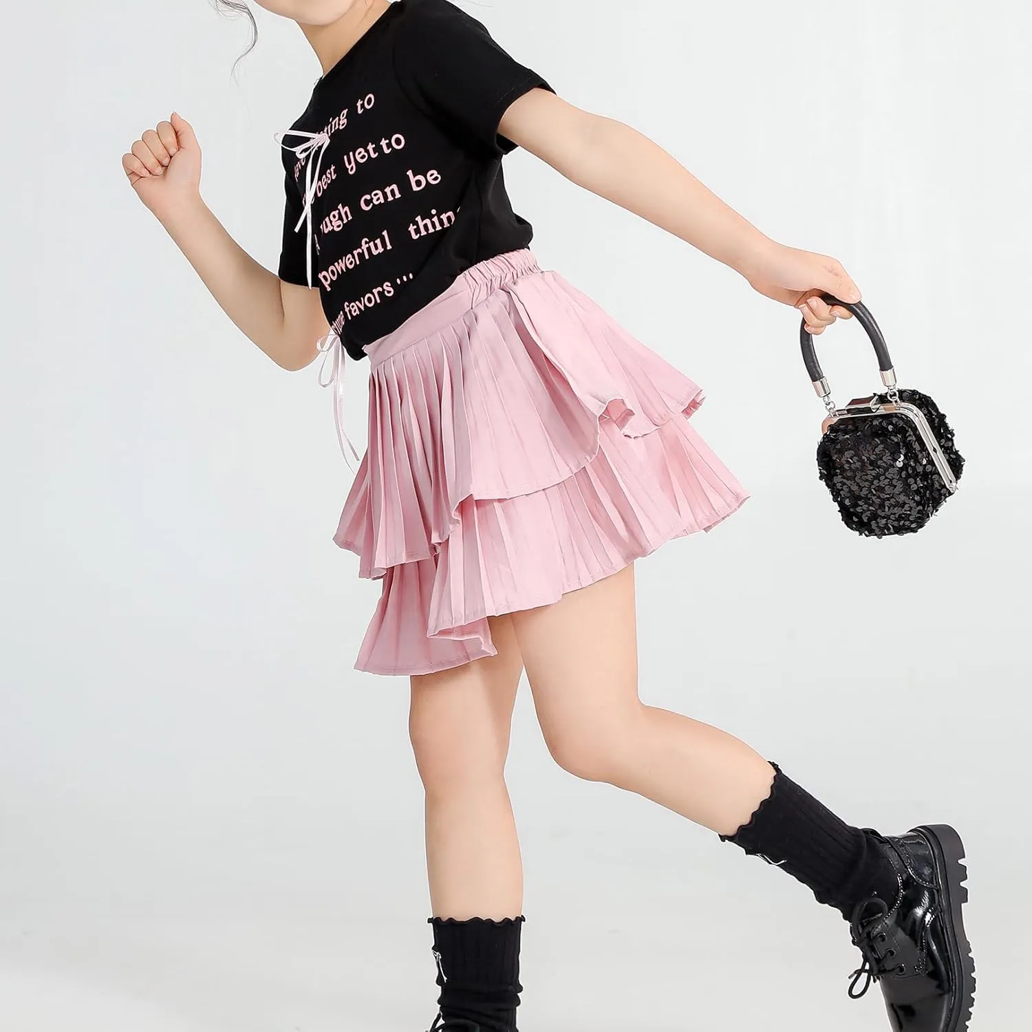 Girls Double Layer Pleated Skirt Elastic Waist Tutu Dress Kids School Uniform Skorts