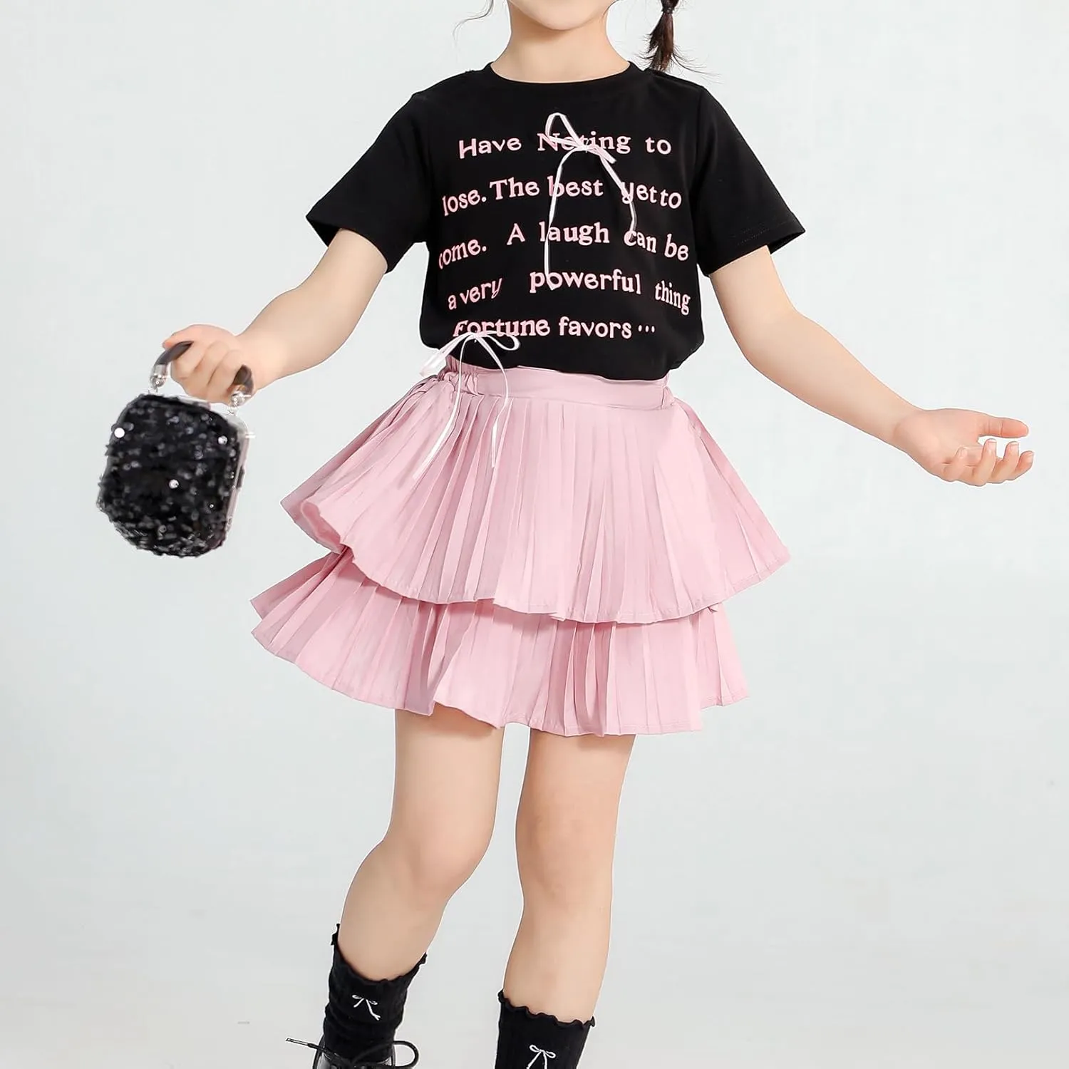 Girls Double Layer Pleated Skirt Elastic Waist Tutu Dress Kids School Uniform Skorts