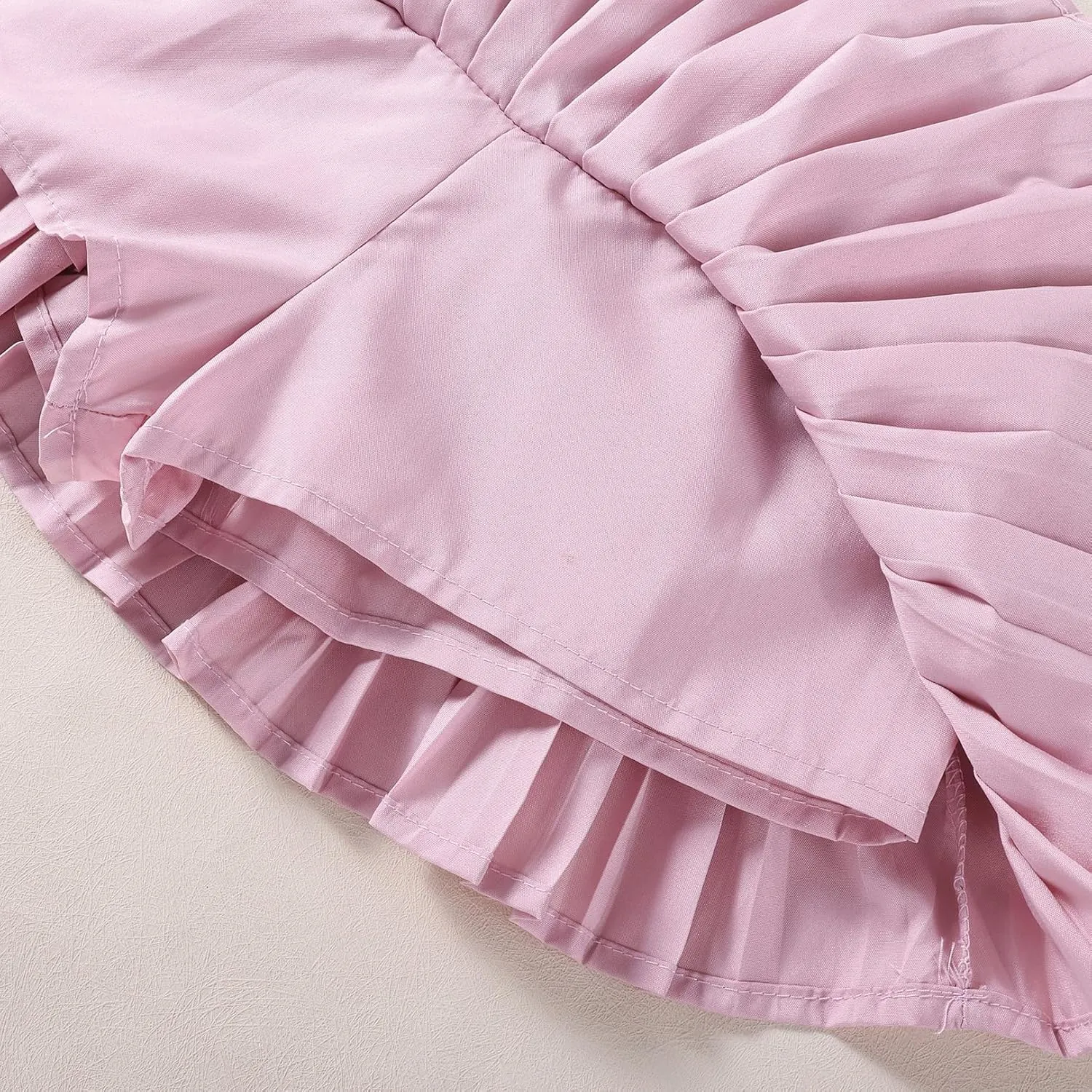 Girls Double Layer Pleated Skirt Elastic Waist Tutu Dress Kids School Uniform Skorts