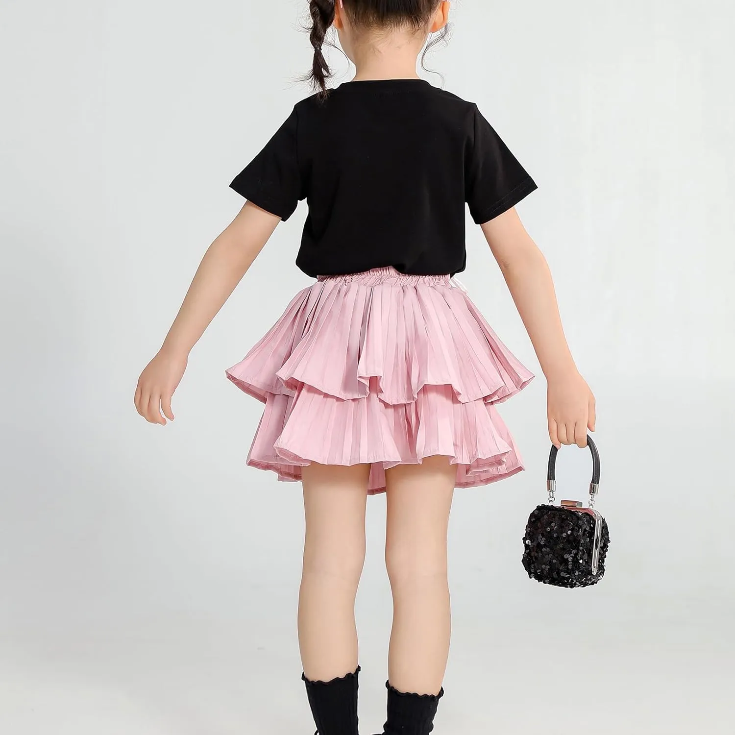 Girls Double Layer Pleated Skirt Elastic Waist Tutu Dress Kids School Uniform Skorts
