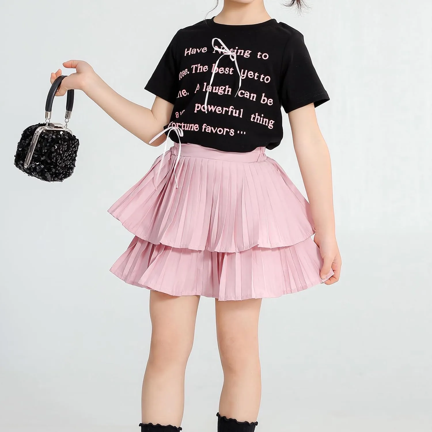 Girls Double Layer Pleated Skirt Elastic Waist Tutu Dress Kids School Uniform Skorts