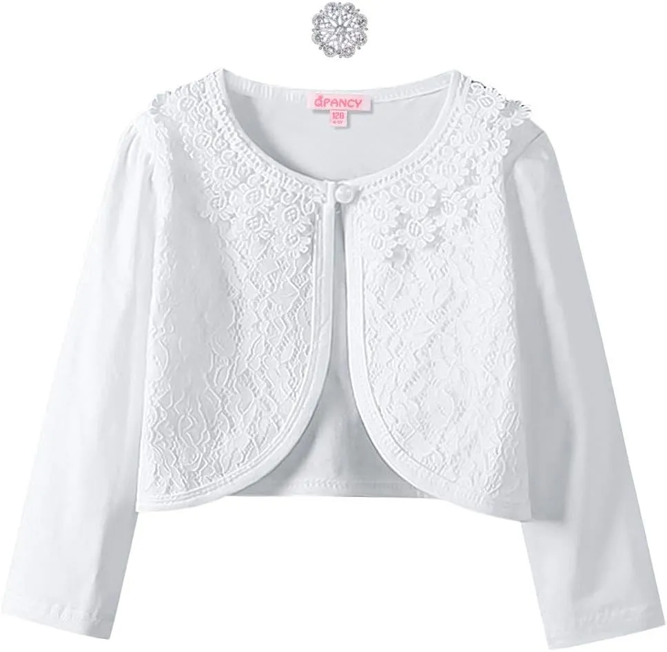 Girls Shrugs Lace Bolero Long Sleeve Cardigan Party Church Dress Cover Up