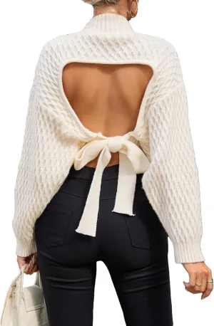 GORGLITTER Women's Bow Open Back Sweater Top Trendy Long Sleeve Backless Drop Shoulder Mock Neck Cable Knit Sweaters