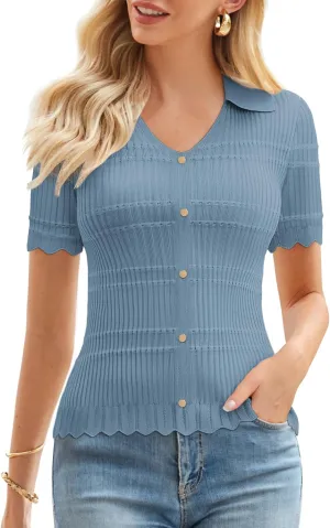 GRACE KARIN Women Short Sleeve Sweater V Neck Knit Polo Sweater Pullover 2025 Summer Ribbed Sweater Top Shirts