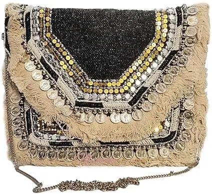 Handmade Banjara Boho Clutch Bag  Beaded Embellished Purse with Coin Accents & Chain Strap | Beige & Black Tribal Crossbody Bag, Festival Evening Purse for Women