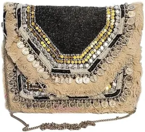 Handmade Banjara Boho Clutch Bag  Beaded Embellished Purse with Coin Accents & Chain Strap | Beige & Black Tribal Crossbody Bag, Festival Evening Purse for Women