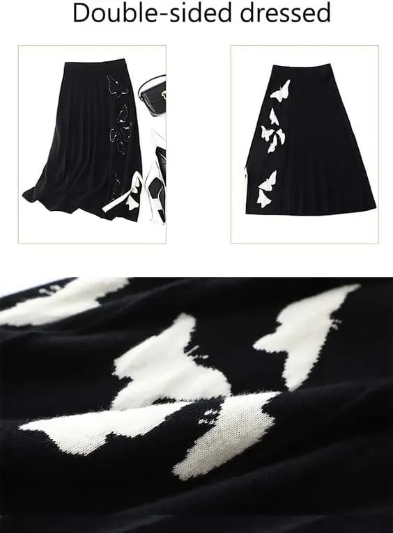 HangErFeng Autumn and Winter Women's Cashmere Dress Retro Midi Length Pleated Jacquard Elastic Waist A-line Skirt 1606