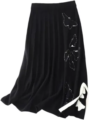 HangErFeng Autumn and Winter Women's Cashmere Dress Retro Midi Length Pleated Jacquard Elastic Waist A-line Skirt 1606