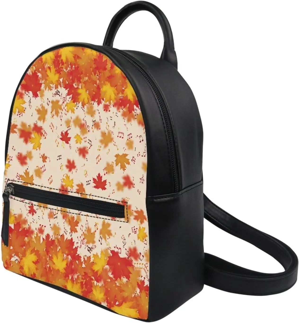 HUGS IDEA Mini Backpack for Women Autumn Leaves Music Notes Print Cute Small Backpack Purse with Adjustable Straps Leather Bookbag Casual Daypacks