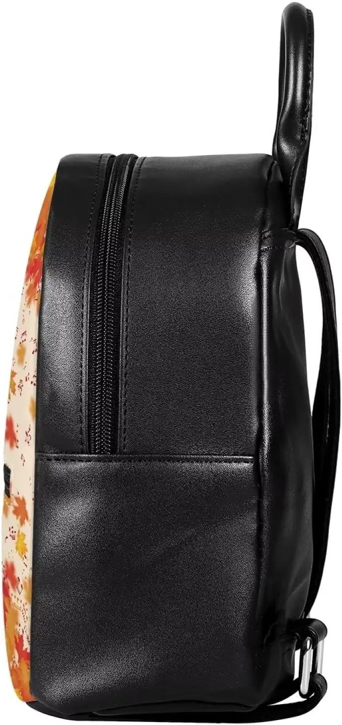 HUGS IDEA Mini Backpack for Women Autumn Leaves Music Notes Print Cute Small Backpack Purse with Adjustable Straps Leather Bookbag Casual Daypacks