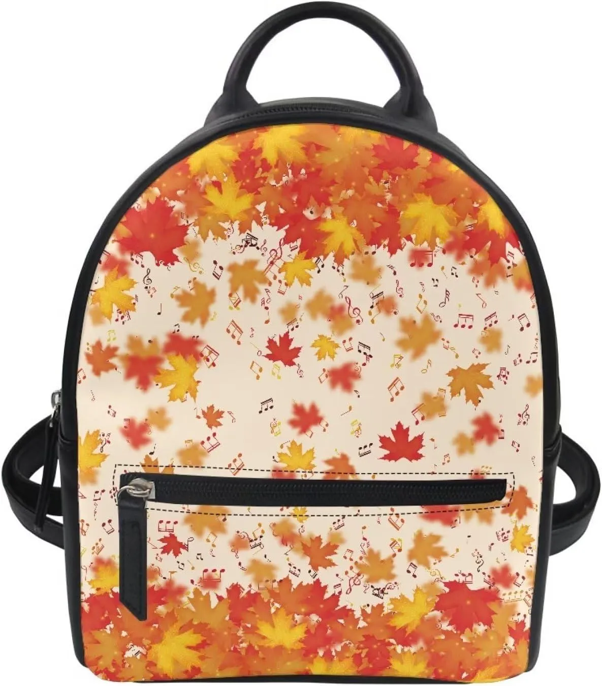 HUGS IDEA Mini Backpack for Women Autumn Leaves Music Notes Print Cute Small Backpack Purse with Adjustable Straps Leather Bookbag Casual Daypacks
