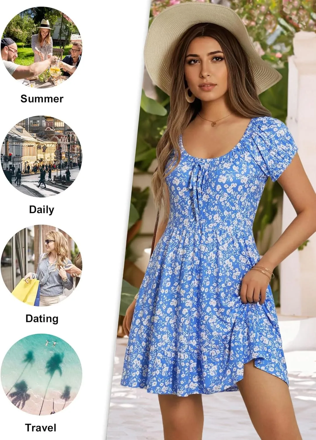 HUHOT Teen Petite Women Floral Short Summer Mini Dresses with Pockets Cute Milkmaid Sundress