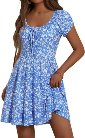 HUHOT Teen Petite Women Floral Short Summer Mini Dresses with Pockets Cute Milkmaid Sundress