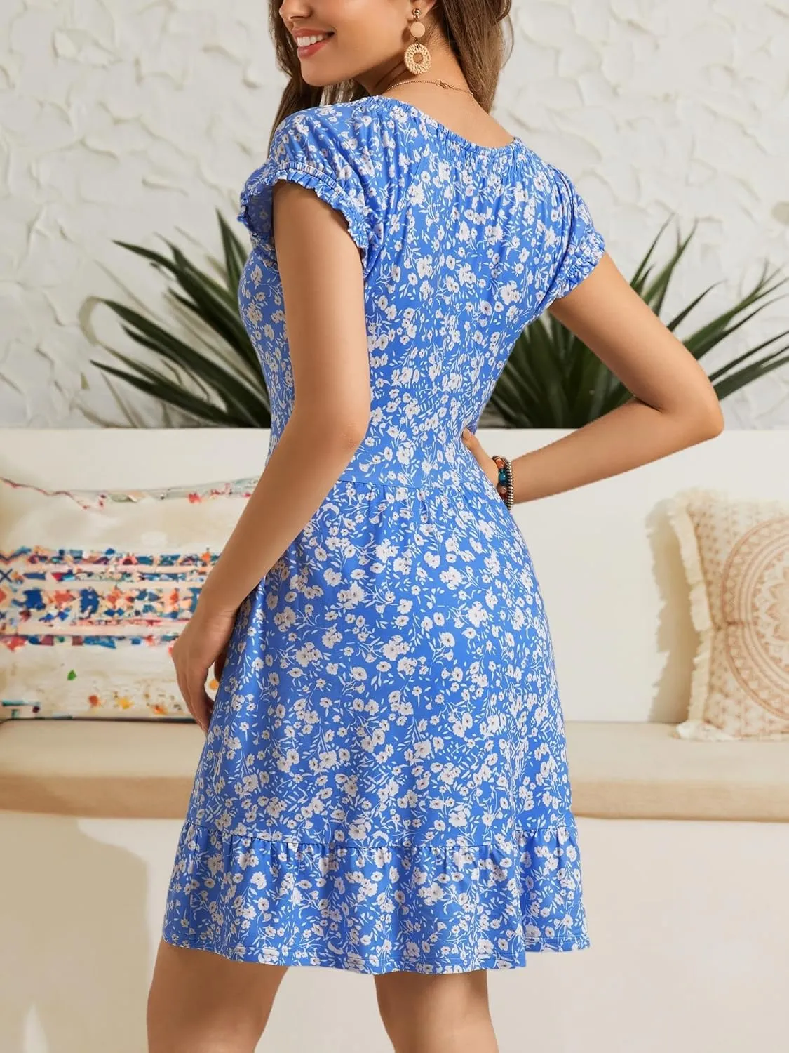 HUHOT Teen Petite Women Floral Short Summer Mini Dresses with Pockets Cute Milkmaid Sundress