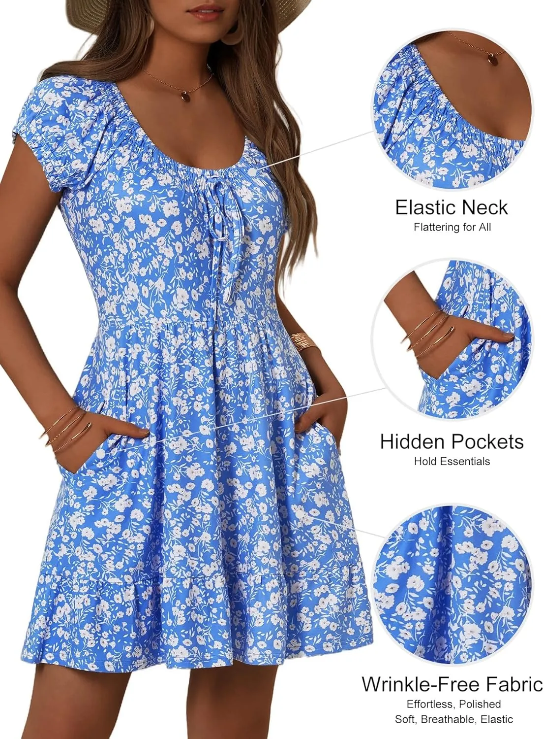 HUHOT Teen Petite Women Floral Short Summer Mini Dresses with Pockets Cute Milkmaid Sundress
