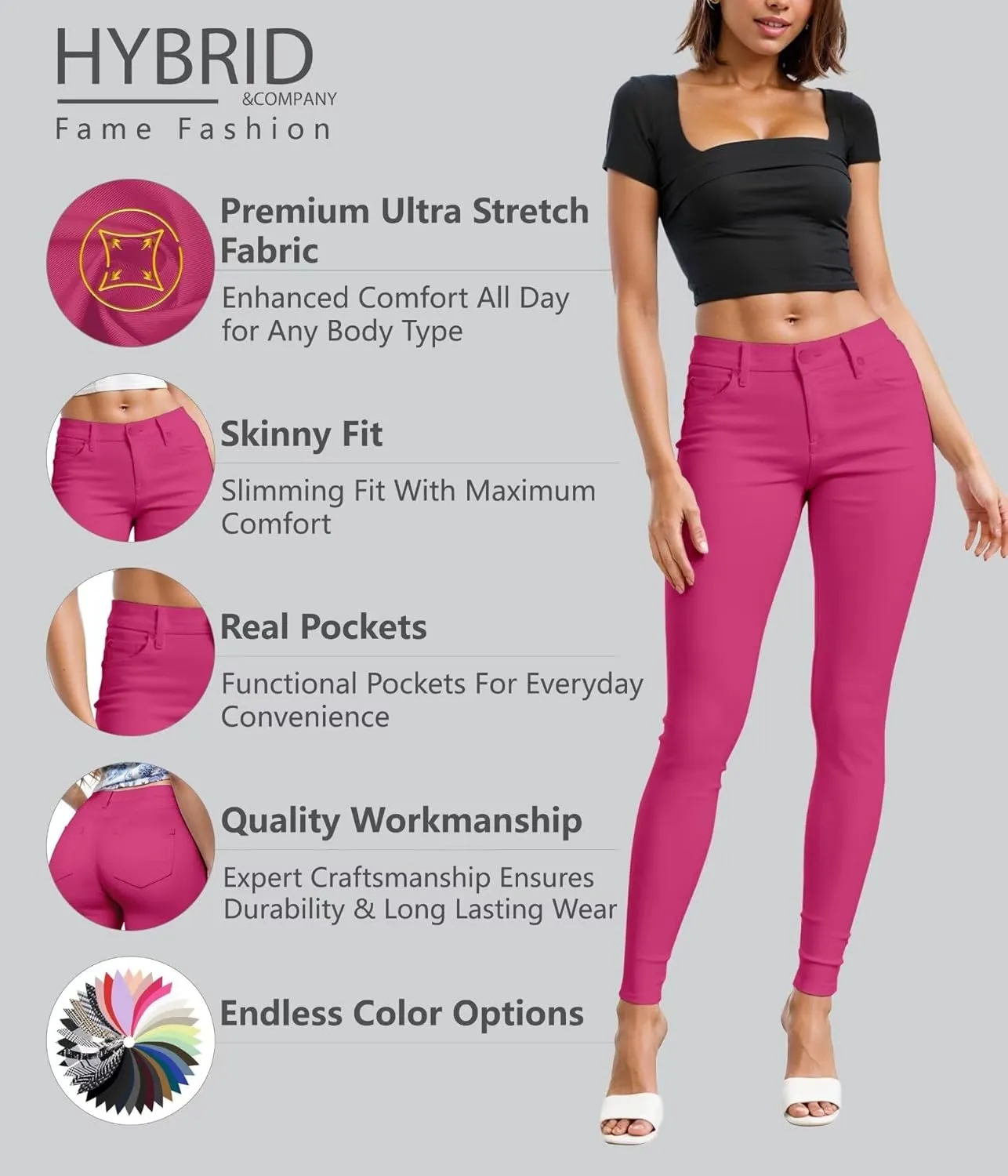 Hybrid & Company Womens Hyper Ultra Stretch Comfy Skinny Leg Work Casual Pants