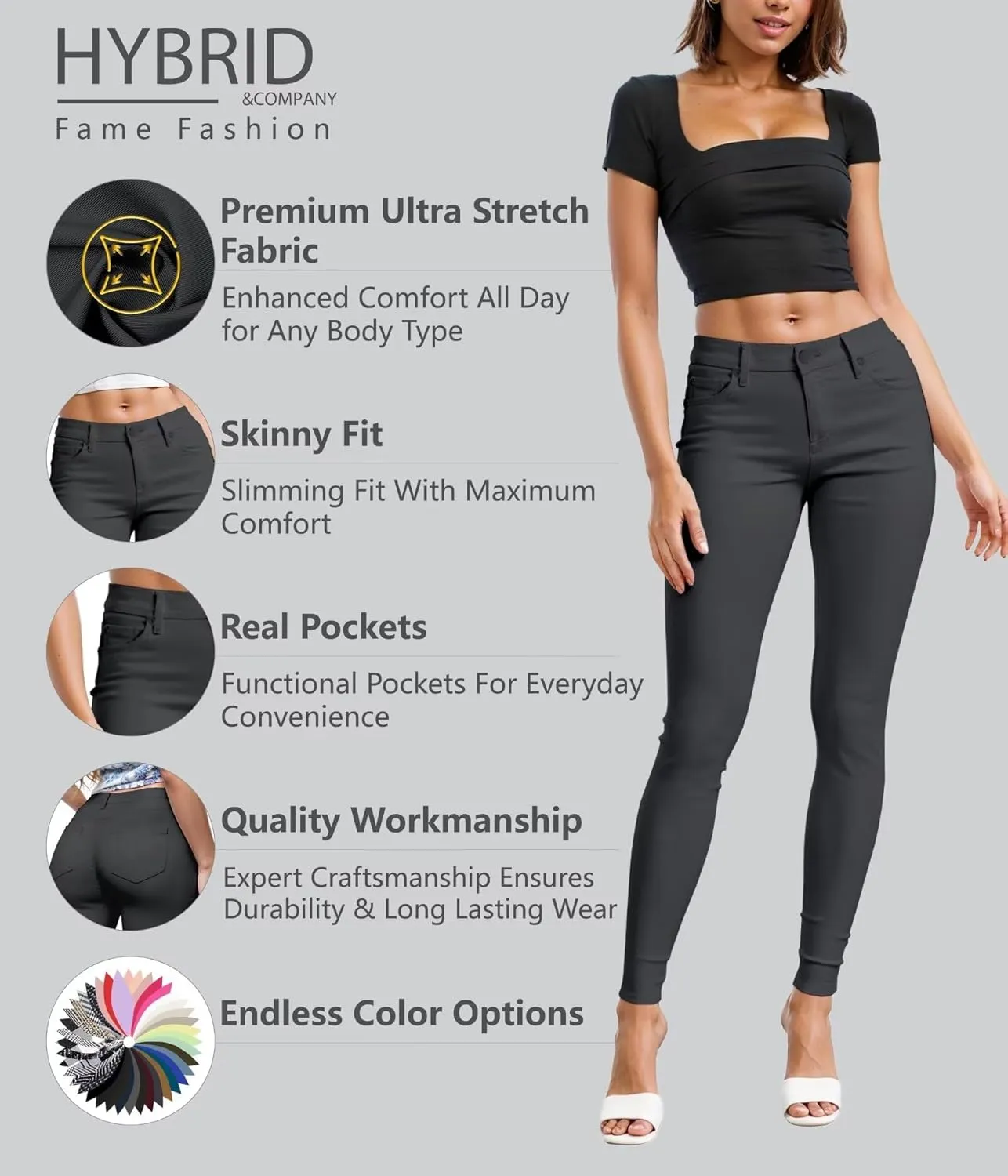 Hybrid & Company Womens Hyper Ultra Stretch Comfy Skinny Leg Work Casual Pants